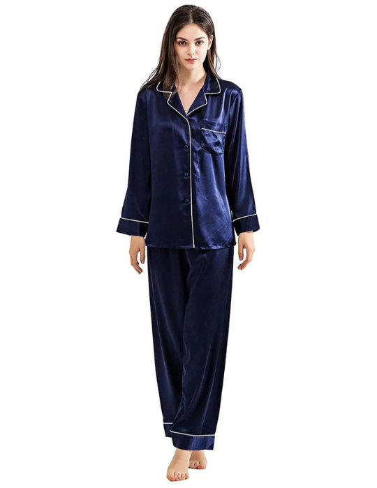 Elegant Navy Blue Satin Pajama Set with White Piping - Women's Luxe Sleepwear